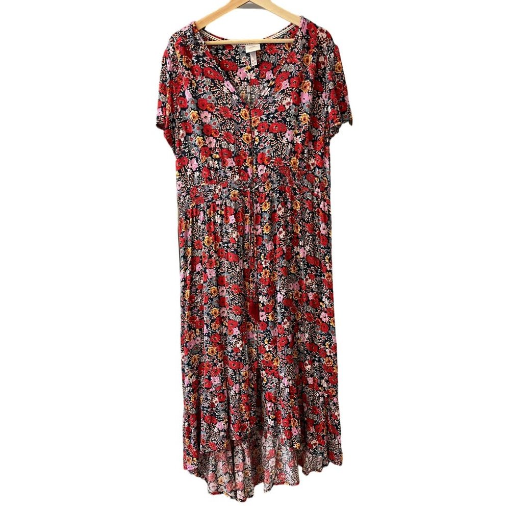 Knox Rose Maxi Floral Dress Size XXL Peasant Cottage Red Colorful High Lo Hem